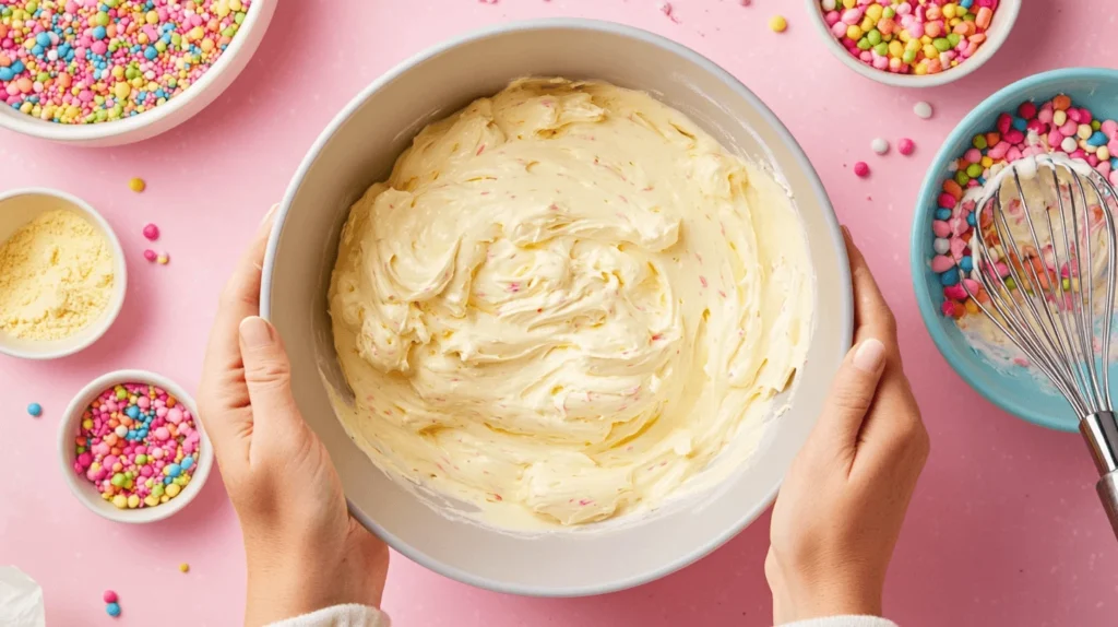 A step-by-step guide on how to make a half sheet cake, showing the process from mixing ingredients to baking.