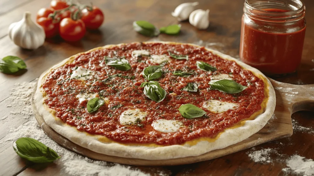 A classic Italian pizza with tomato-based sauce, mozzarella, and basil on a wooden pizza peel.