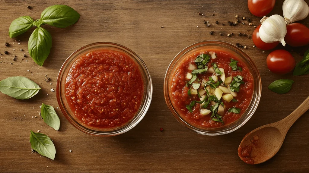Side-by-side comparison of pizza sauce and marinara in bowls surrounded by fresh ingredients on a rustic wooden surface.