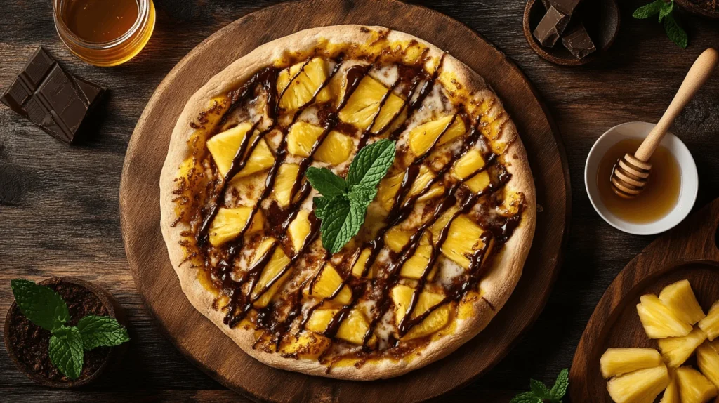Close-up of a wood-fired sweet pizza topped with caramelized pineapple and chocolate drizzle on a rustic wooden board.