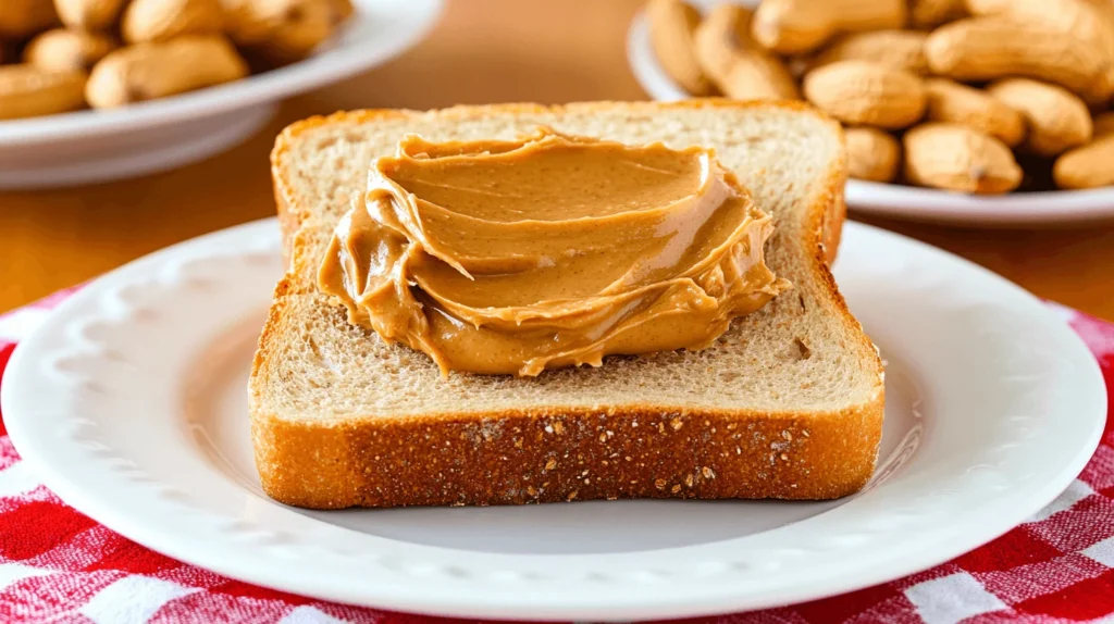A slice of soft, golden-brown bread spread with creamy peanut butter, showcasing the perfect combination for a delicious snack.