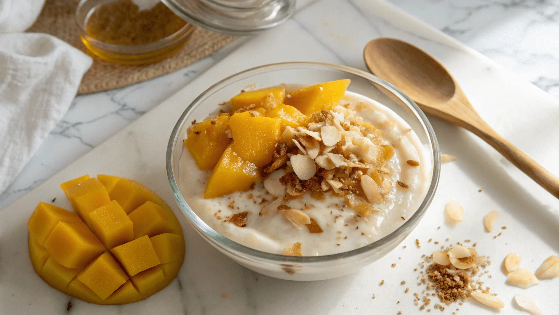 Creamy coconut milk pudding topped with fresh mango, toasted coconut flakes, and honey in a glass bowl.