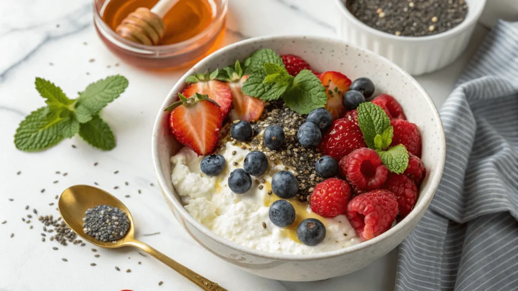 Cottage cheese bowl with mixed berries, chia seeds, and honey for weight loss.