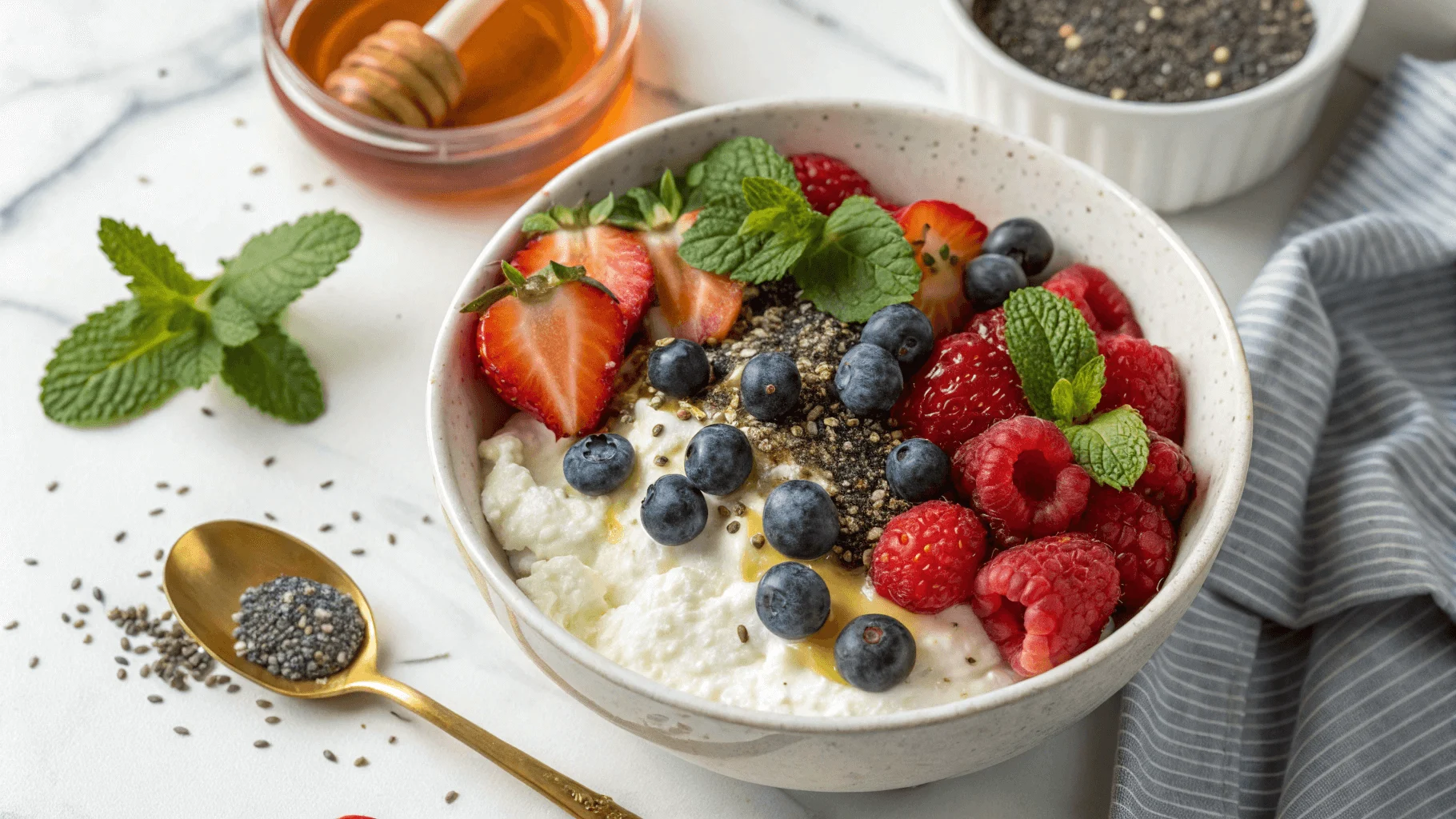 Cottage cheese bowl with mixed berries, chia seeds, and honey for weight loss.