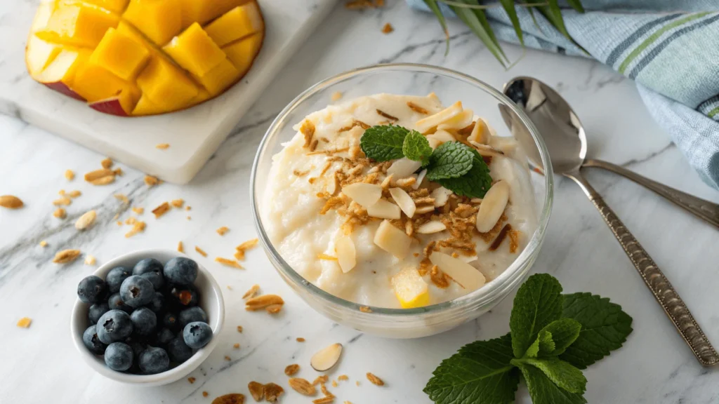Creamy coconut pudding topped with toasted coconut flakes, fresh mango slices, and mint in a glass bowl.