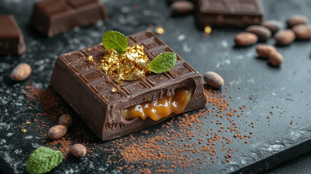 Close-up of Dubai chocolate with caramel filling and gold flakes on a black ceramic plate.