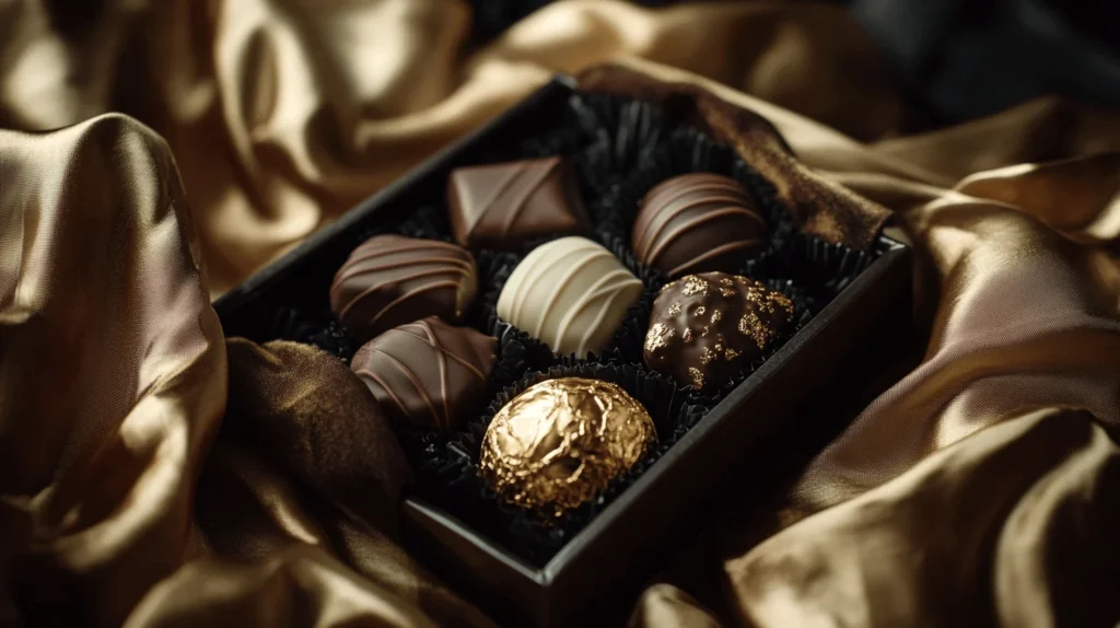 A luxurious assortment of Dubai chocolates in a velvet-lined box with gold wrappers, perfect for gifting.