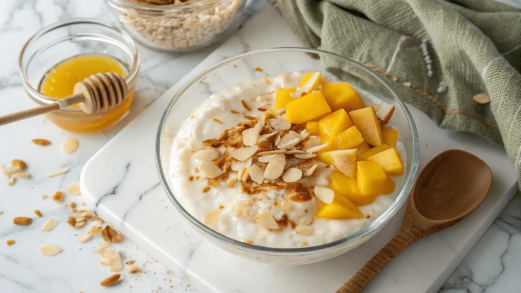 Thick coconut milk pudding topped with toasted coconut flakes, fresh mango slices, and honey in a glass bowl.