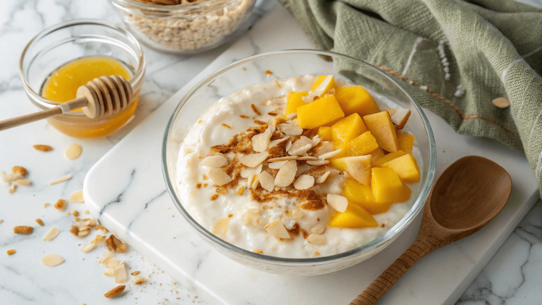 Thick coconut milk pudding topped with toasted coconut flakes, fresh mango slices, and honey in a glass bowl.