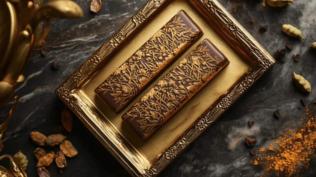 Luxurious Dubai chocolate bars in elegant packaging on a gold-edged tray with saffron and cardamom.