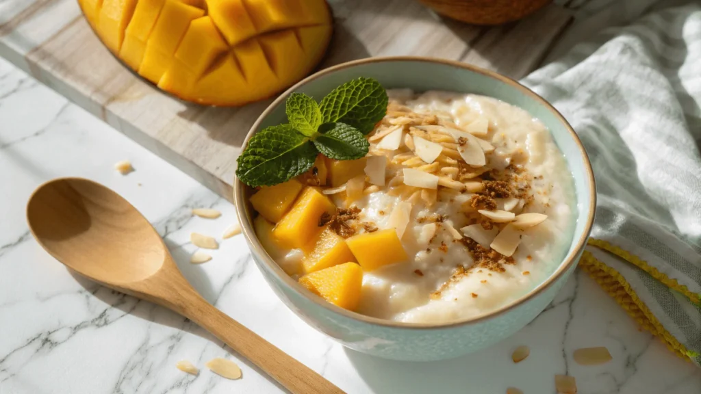 Creamy coconut pudding topped with toasted coconut flakes, fresh mango slices, and mint in a bowl.