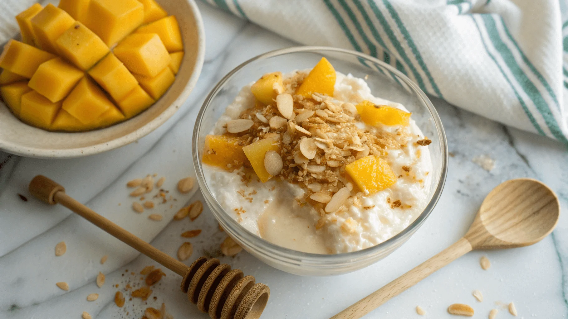 Perfectly set coconut pudding topped with toasted coconut flakes, fresh mango slices, and honey in a glass bowl.