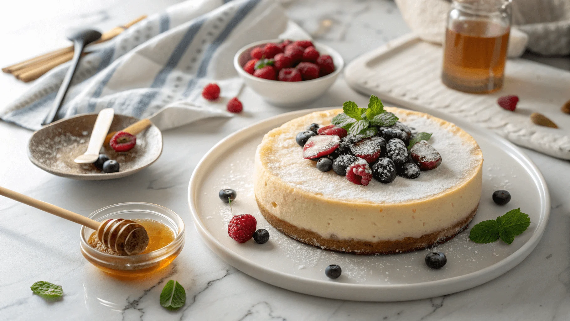 Creamy cottage cheese cheesecake topped with fresh berries and honey, a healthy and indulgent dessert.