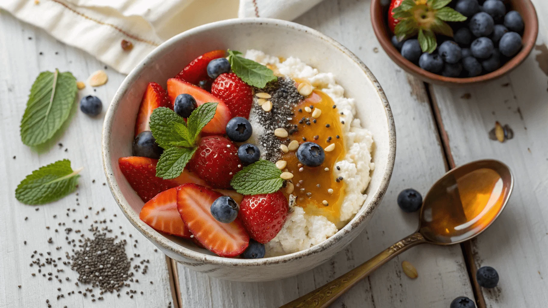 Cottage cheese bowl topped with fresh strawberries, blueberries, honey, and chia seeds – a healthy and refreshing breakfast or dessert idea.