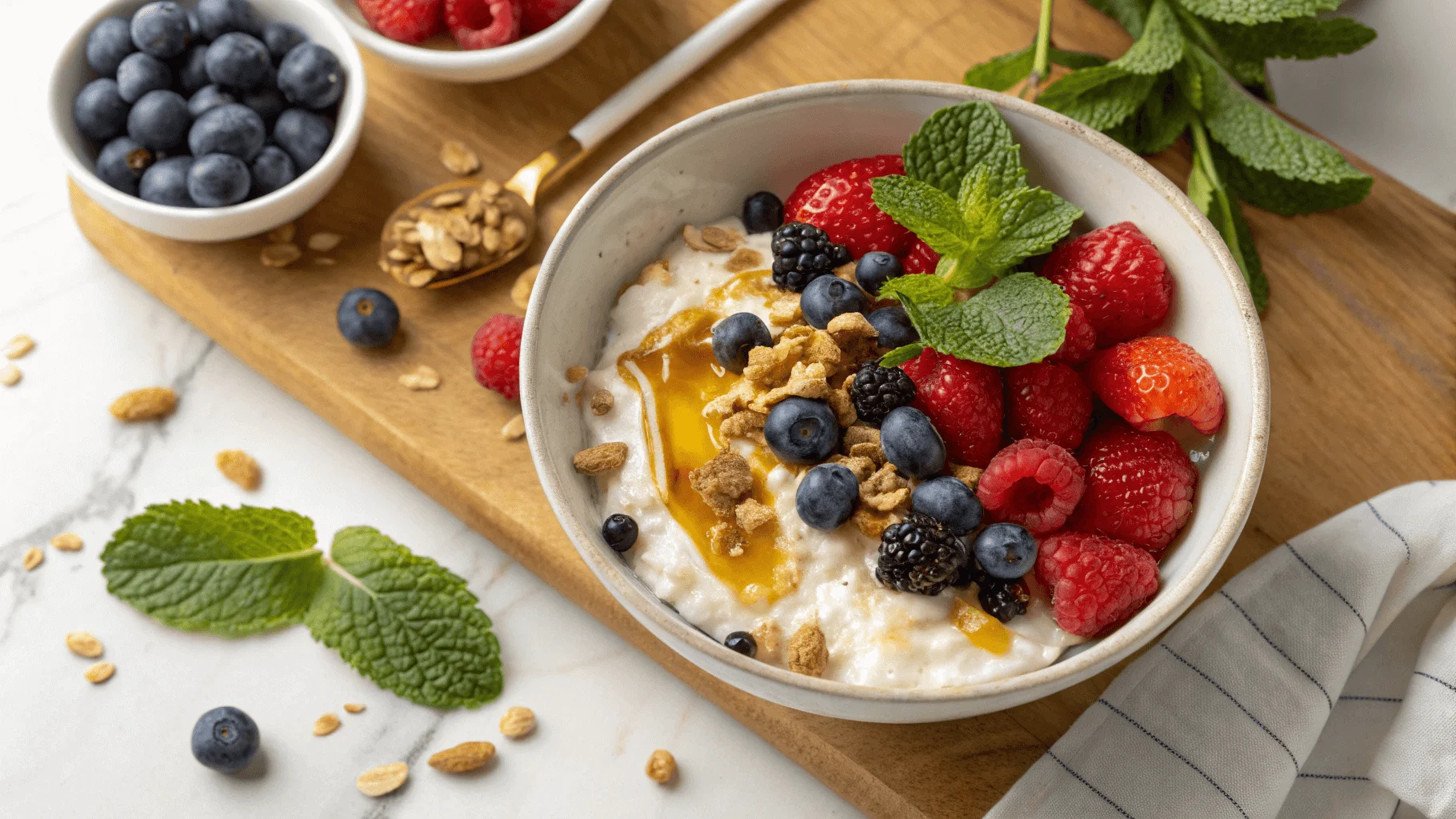 Cottage cheese bowl topped with fresh berries, honey, and granola for a healthy and delicious snack.