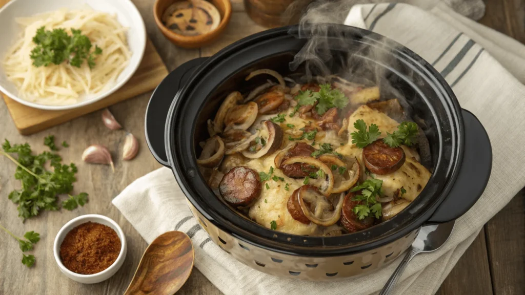A delicious crockpot pierogi casserole with kielbasa, topped with caramelized onions and fresh parsley, served in a slow cooker.