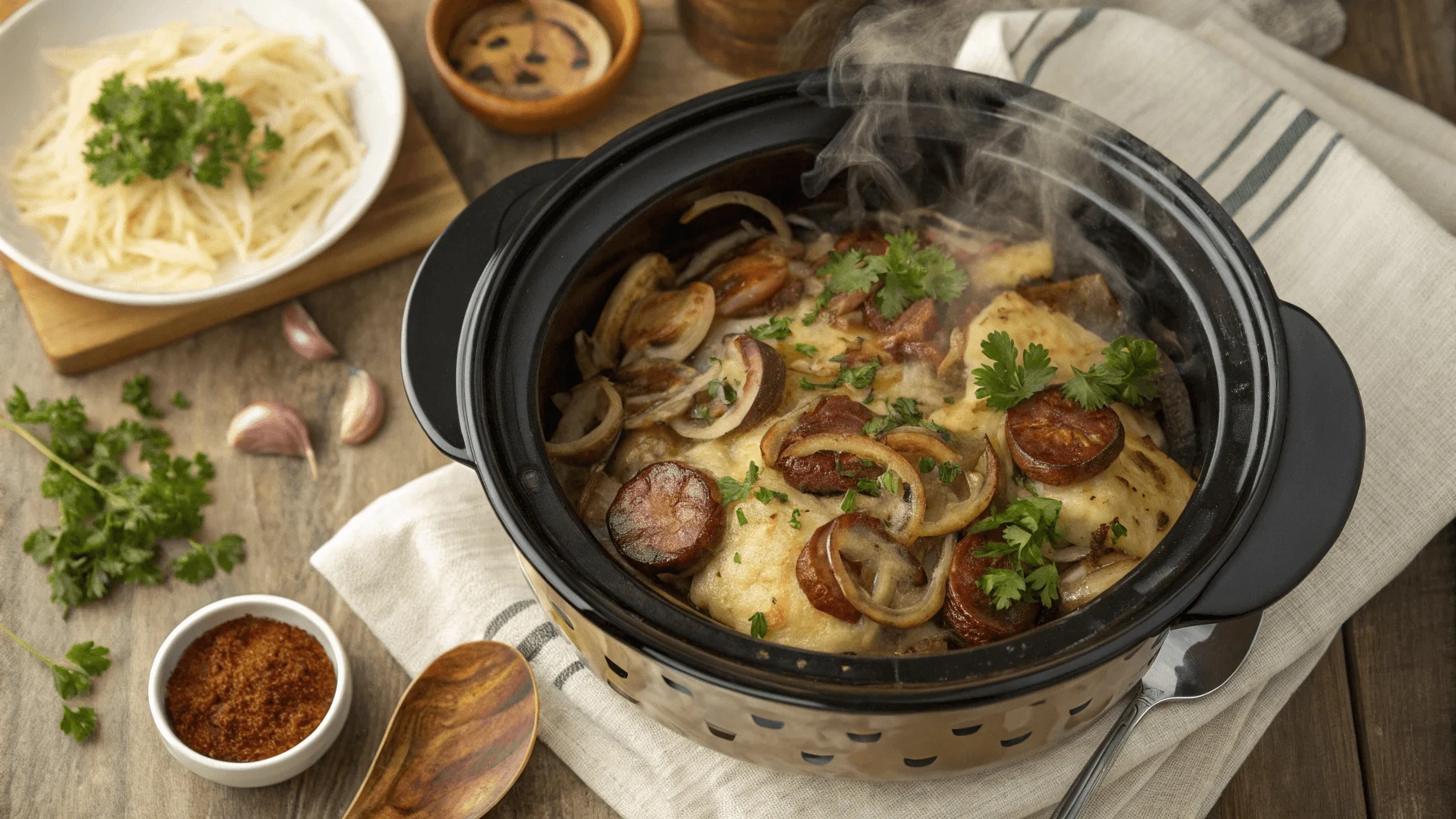 A delicious crockpot pierogi casserole with kielbasa, topped with caramelized onions and fresh parsley, served in a slow cooker.
