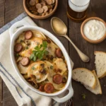 A close-up overhead shot of a finished crockpot pierogi casserole with kielbasa, featuring visible layers of pierogi, caramelized onions, mushrooms, and kielbasa, garnished with fresh parsley on a rustic wooden background.