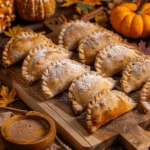 Golden-brown pumpkin empanadas on a rustic wooden board with powdered sugar and cinnamon dipping sauce, decorated with autumn leaves and mini pumpkins.