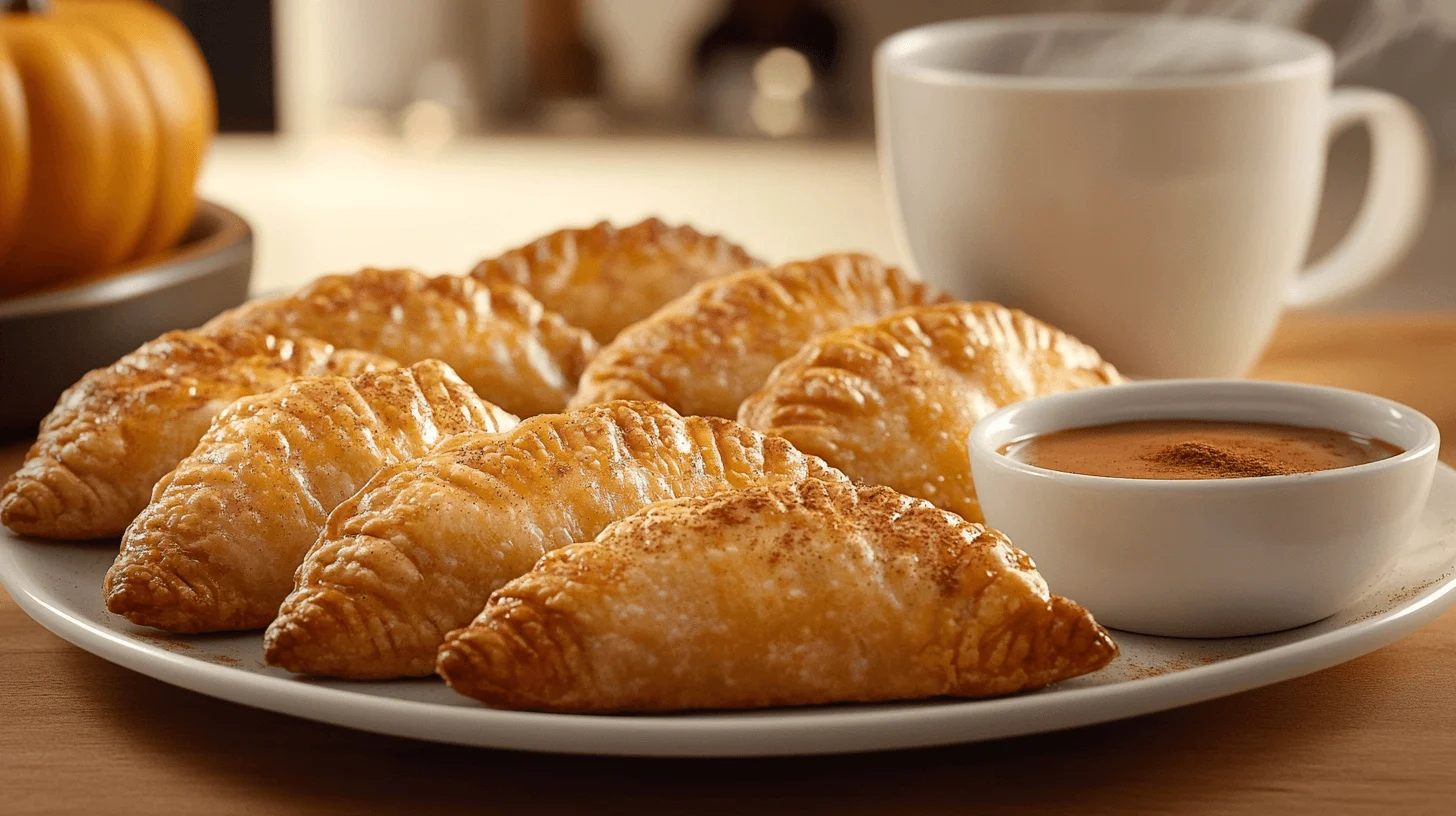 Golden brown pumpkin empanadas on a wooden board with cinnamon sauce and coffee.
