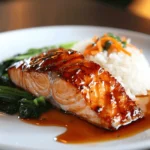 Crispy salmon belly with soy-ginger glaze served alongside steamed rice and sautéed greens