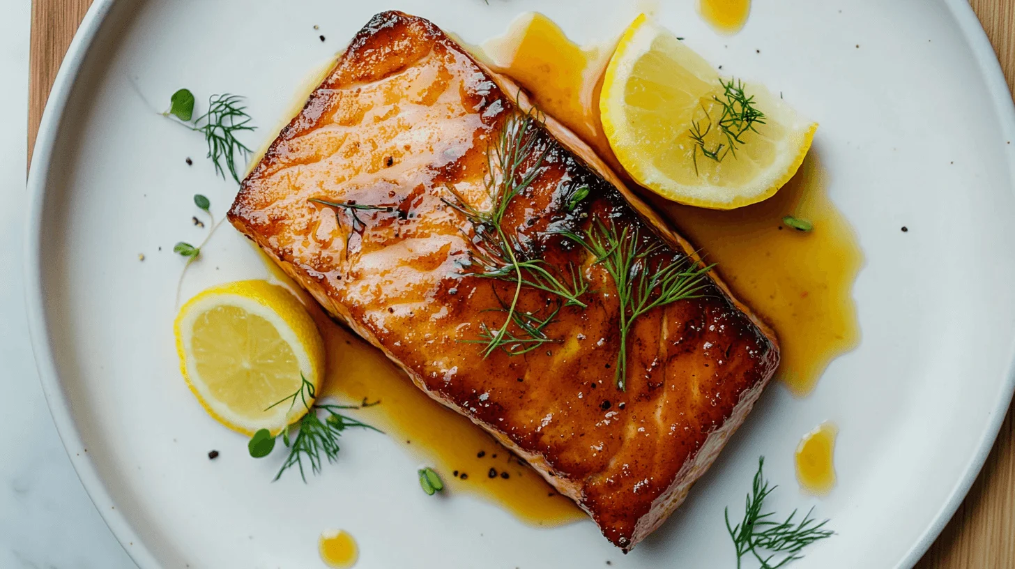 Crispy pan-seared salmon belly with lemon and herbs on a white plate