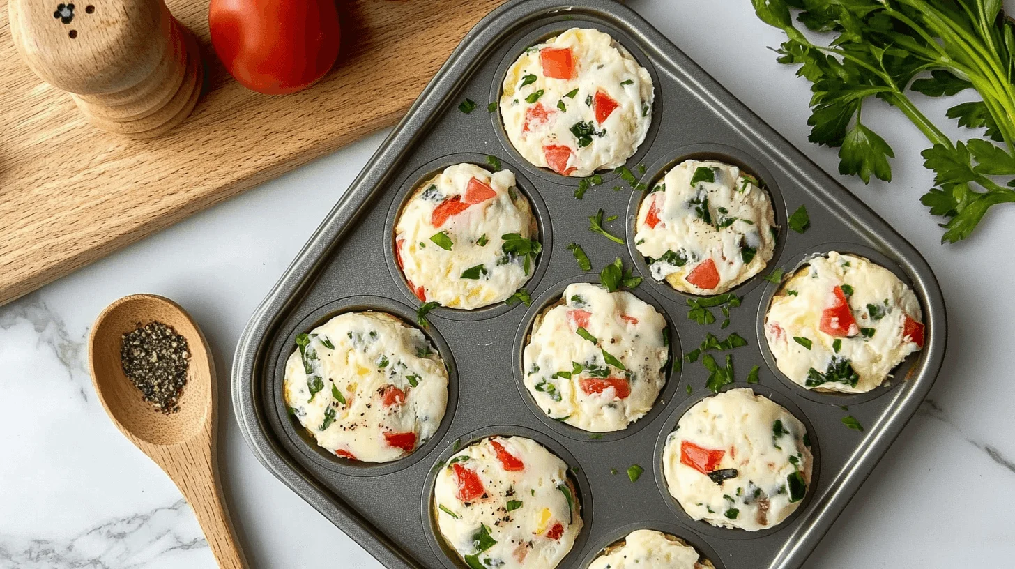 Tray of freshly baked egg white bites with spinach, tomatoes, and cheese on a marble countertop.