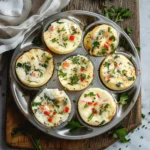 Tray of freshly baked egg white bites with golden-brown tops, filled with spinach, bell peppers, and melted cheese on a rustic wooden cutting board.