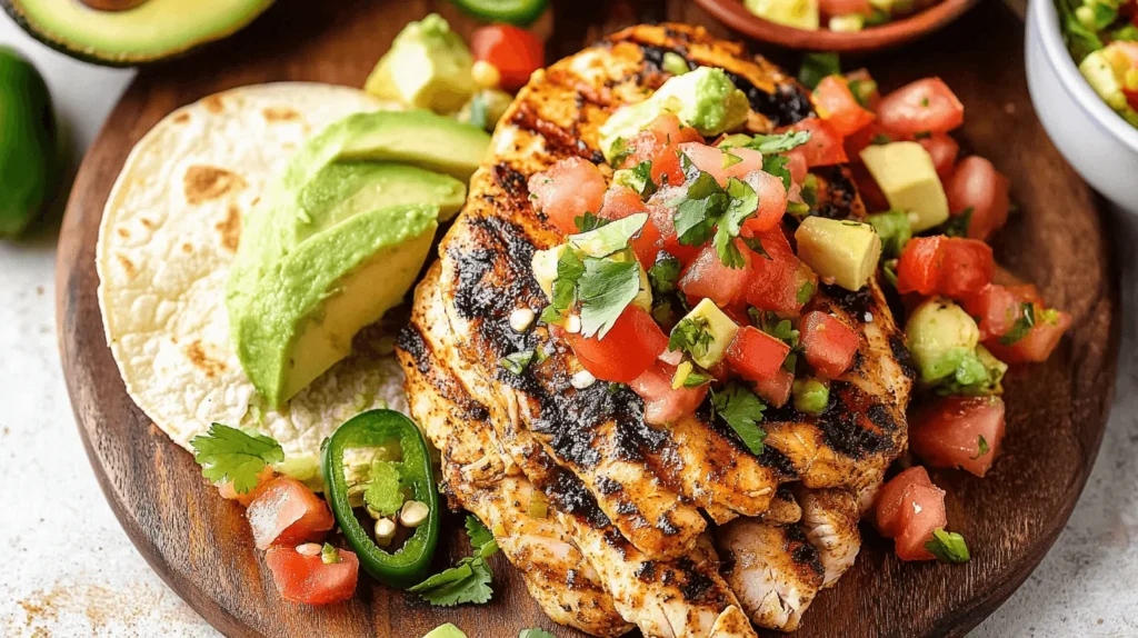 A beautifully plated fiesta lime chicken recipe featuring juicy grilled chicken, fresh lime wedges, and vibrant toppings like cilantro and avocado.