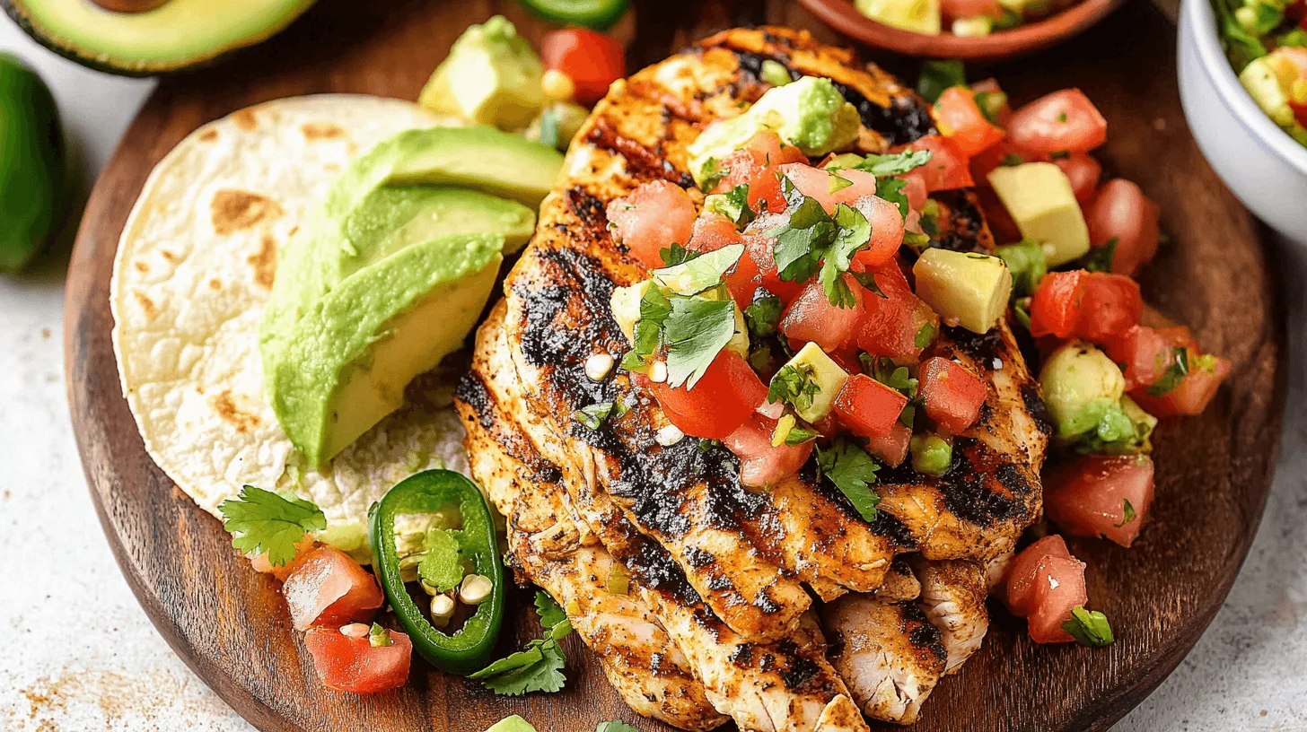 A beautifully plated fiesta lime chicken recipe featuring juicy grilled chicken, fresh lime wedges, and vibrant toppings like cilantro and avocado.