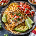 A plate of perfectly grilled fiesta lime chicken with golden-brown edges, drizzled with fresh lime juice and topped with diced tomatoes, avocado slices, and cilantro. Served with lime wedges, corn tortillas, and pico de gallo.