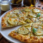 A beautifully baked pickle pie pizza with a golden crust, gooey melted cheese, dill pickle slices, and fresh basil leaves, served on a plate with a slice ready to be eaten.