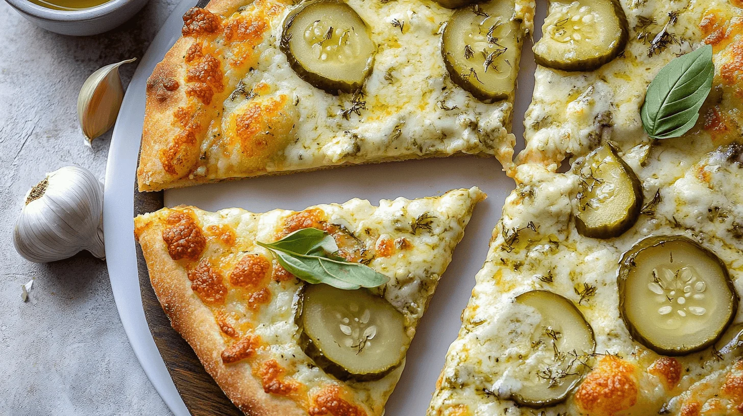 A beautifully crafted pickle pie pizza with dill pickles, melted cheese, and fresh basil on a wooden board.