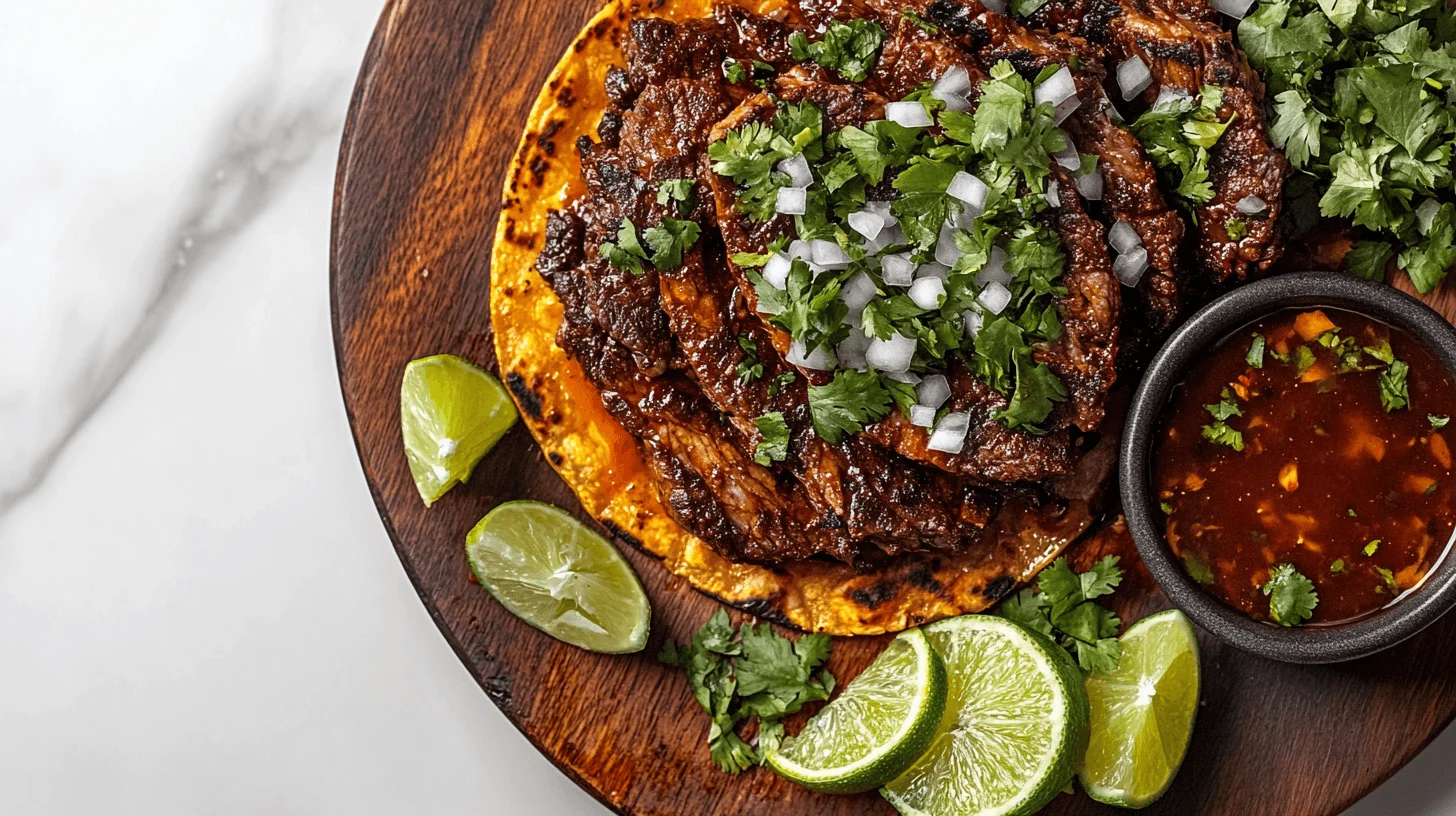 A close-up photo of delicious birria tacos with shredded meat, fresh toppings, and lime wedges on a rustic wooden board.