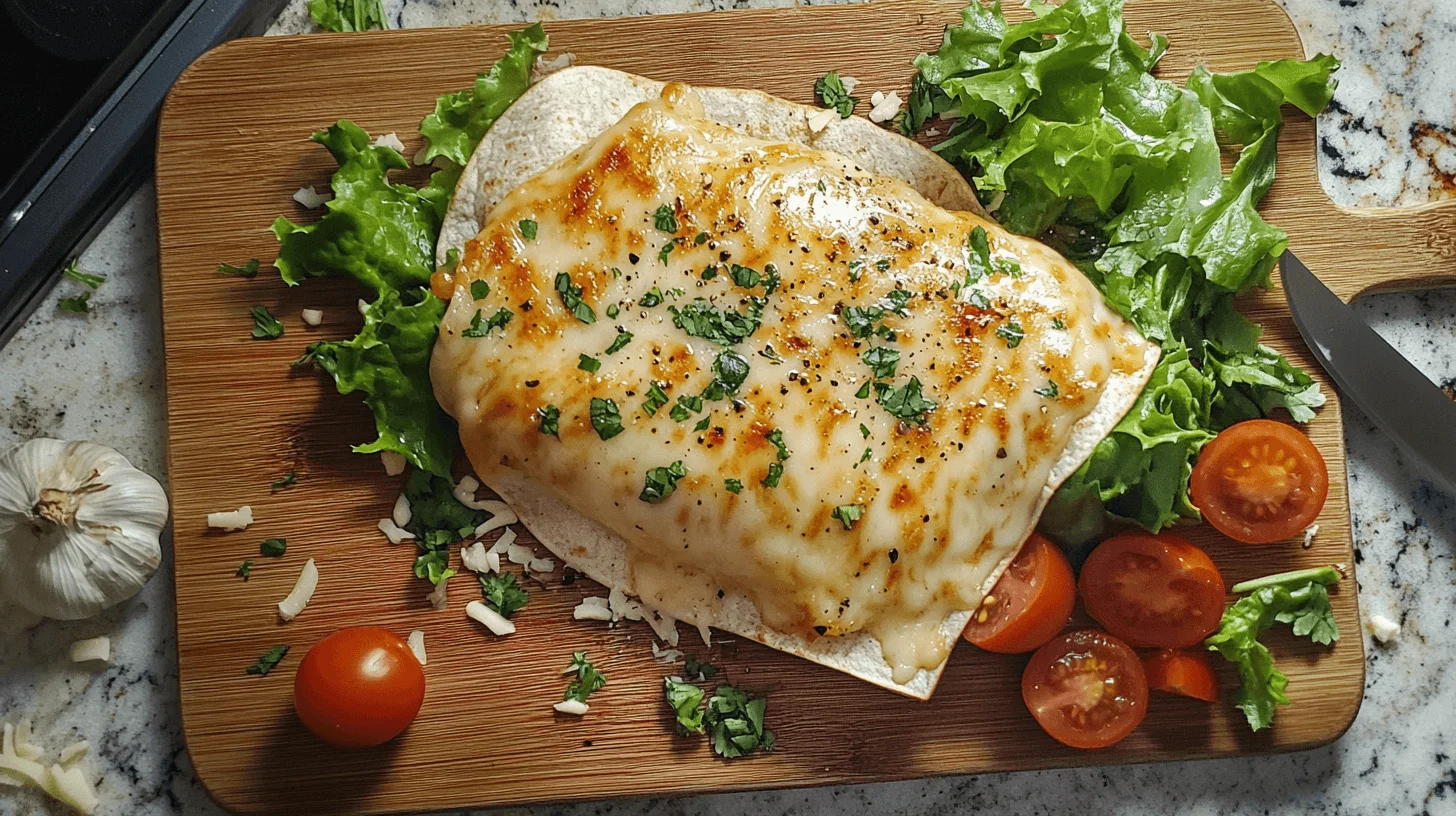Cheesy garlic chicken wrap with melted cheese, fresh herbs, and vegetables on a wooden cutting board