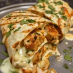 Cheesy garlic chicken wraps with tender grilled chicken, roasted garlic, melted cheese, and fresh vegetables in a soft tortilla