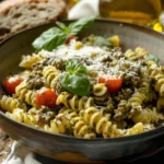Creamy pesto ground beef pasta in a steaming bowl, garnished with Parmesan cheese and fresh basil leaves, served alongside crusty bread and cherry tomatoes on a wooden table.