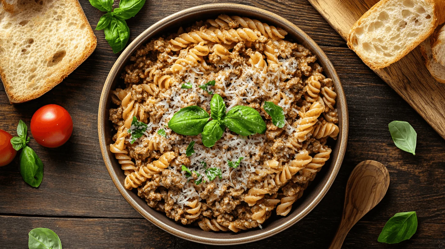 Creamy ground beef pasta without tomato sauce served in a large bowl with grated Parmesan and fresh parsley on a rustic wooden table.