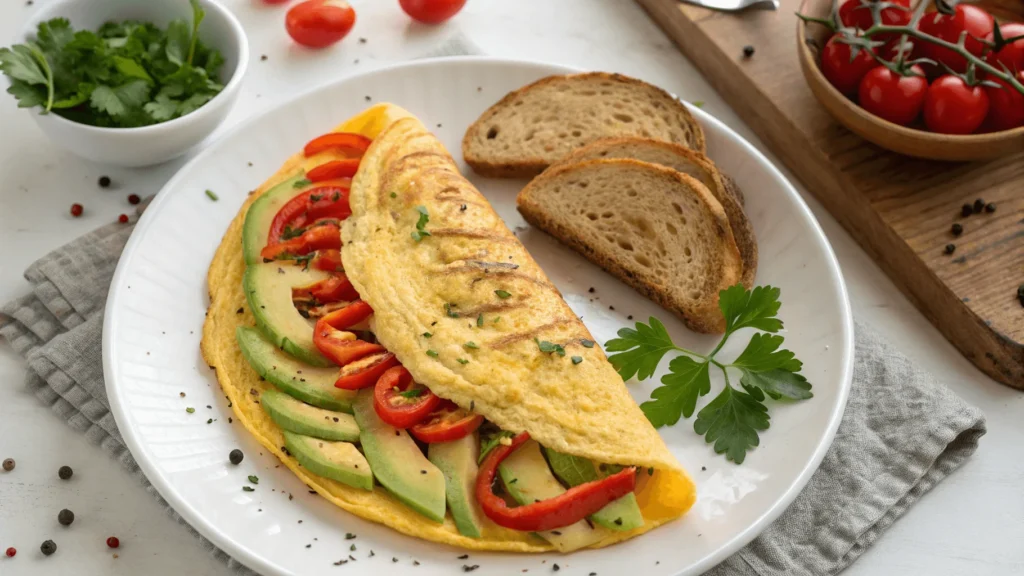A perfectly cooked omelet filled with colorful bell peppers and creamy avocado slices served on a white plate.