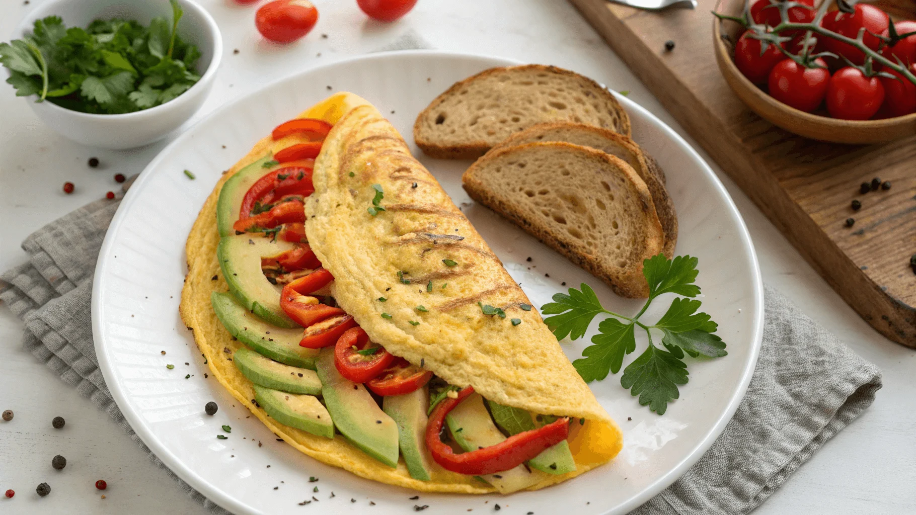 A perfectly cooked omelet filled with colorful bell peppers and creamy avocado slices served on a white plate.
