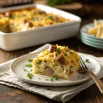 A golden pierogi casserole with kielbasa in a rustic ceramic dish, topped with melted cheese and garnished with fresh parsley, served alongside crusty bread.