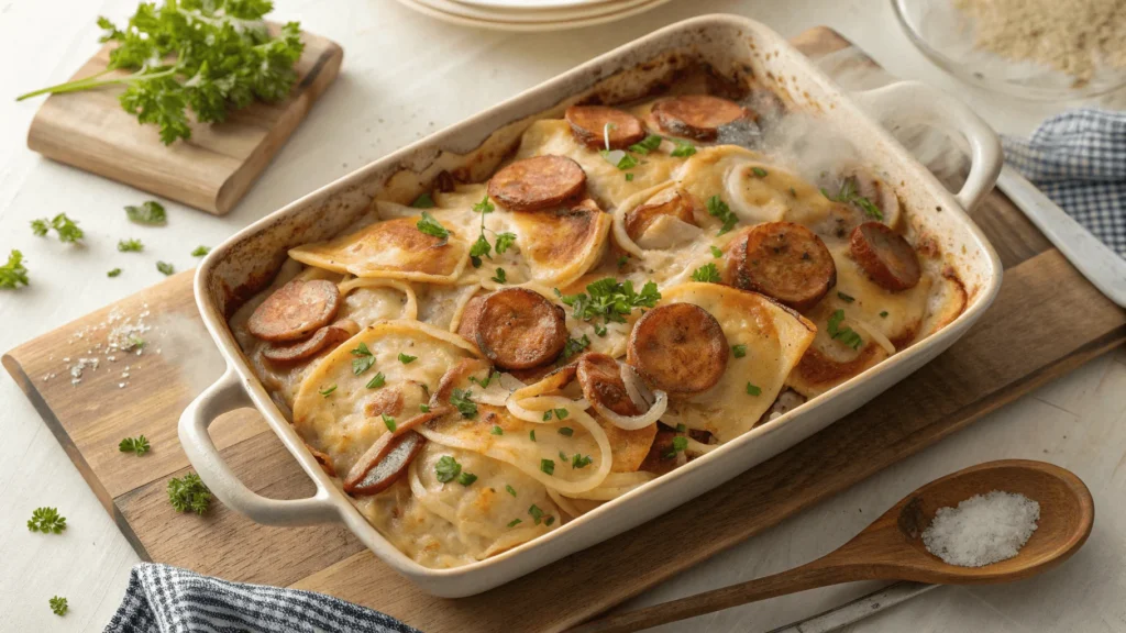 A delicious pierogi casserole with kielbasa, featuring golden pierogies, smoky sausage, and creamy sauce.