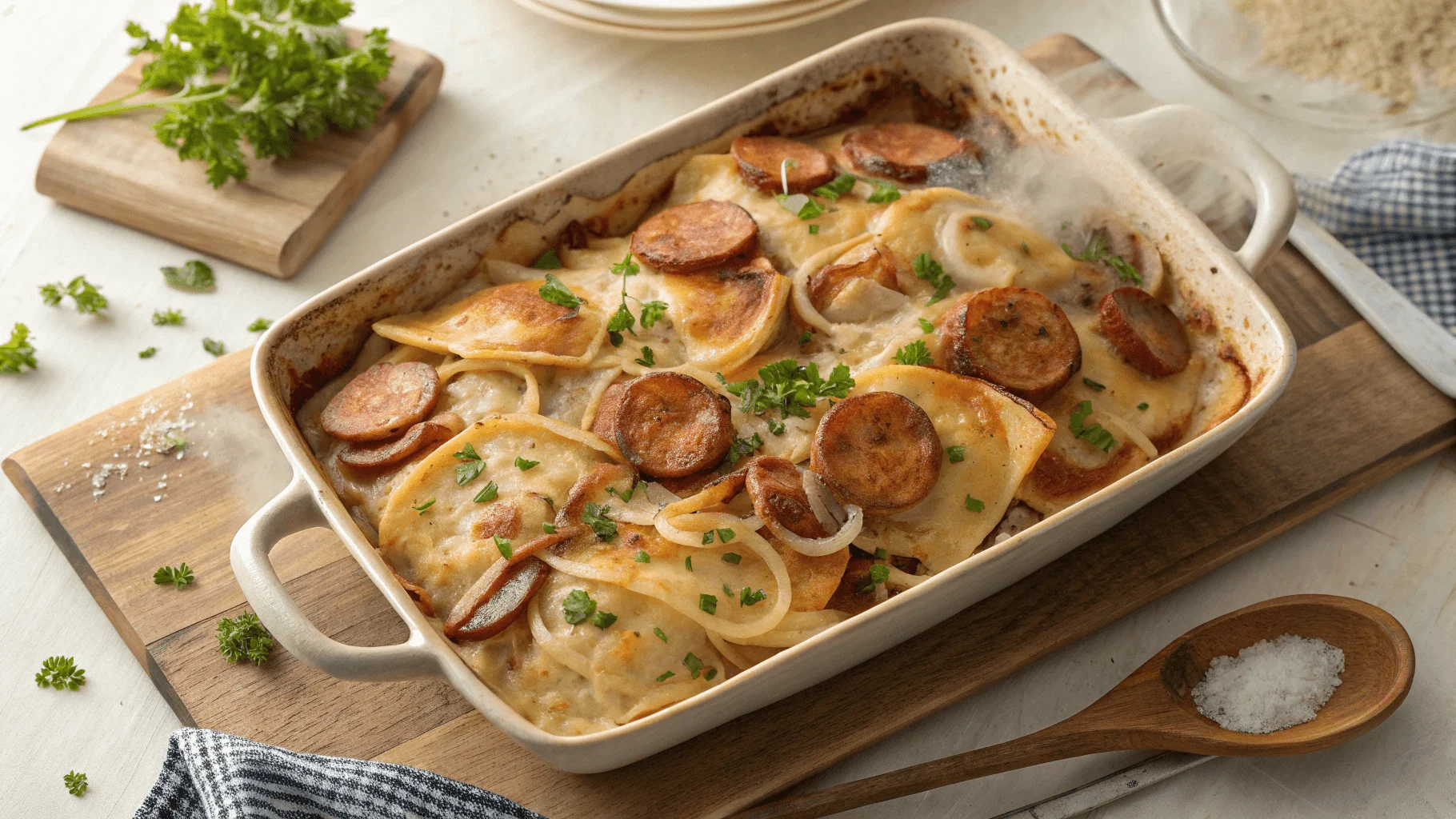 A delicious pierogi casserole with kielbasa, featuring golden pierogies, smoky sausage, and creamy sauce.