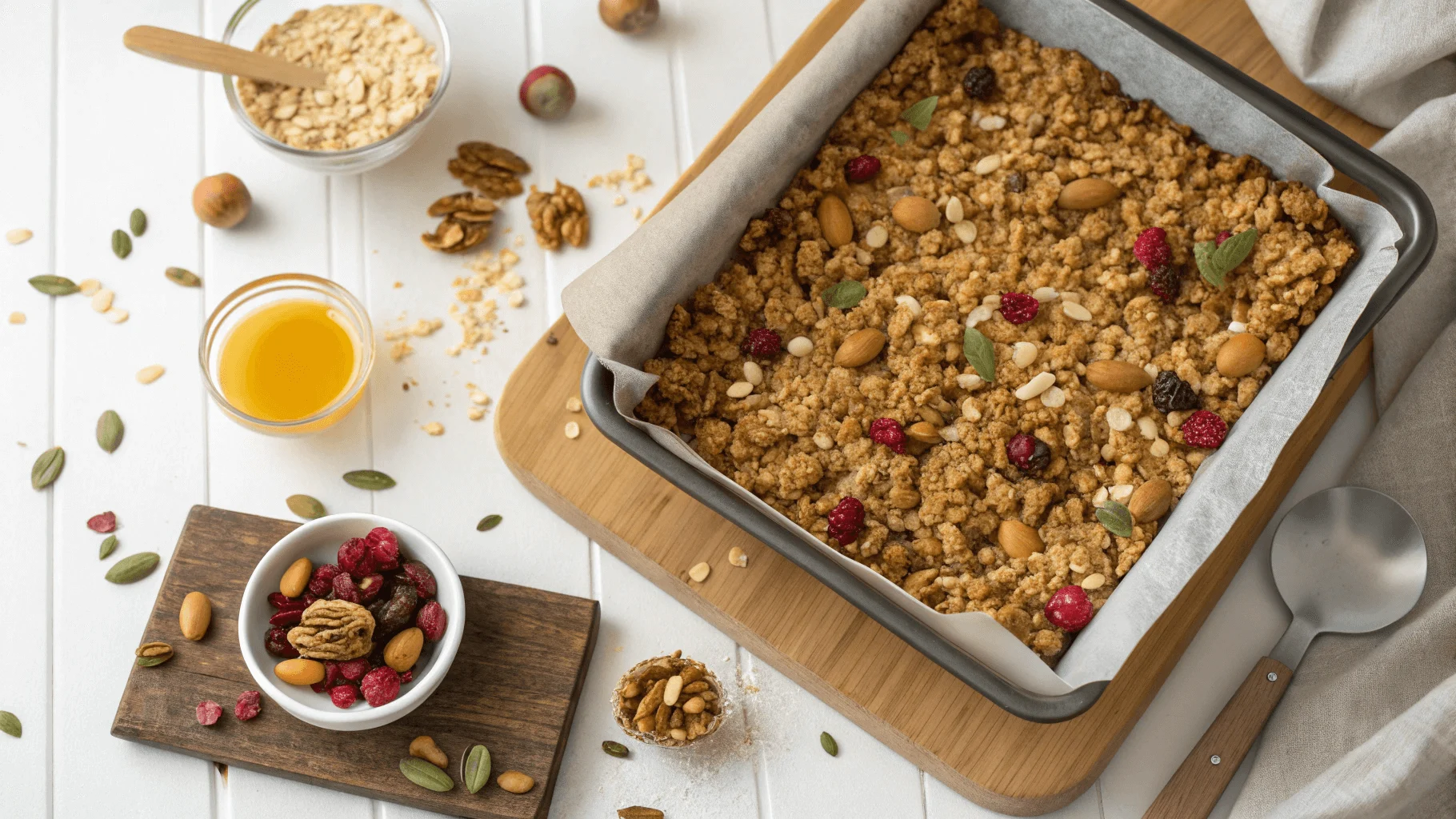 Homemade granola bowl with oats, nuts, seeds, fresh berries, and honey, served with milk.