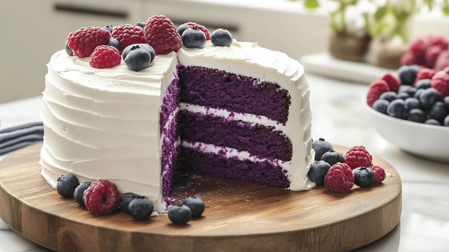 A beautifully decorated purple velvet cake with fresh berries, placed on a rustic wooden board.
