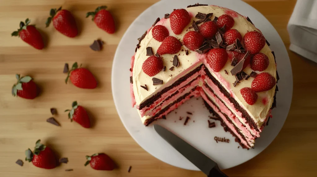 A beautifully sliced strawberry earthquake cake with cascading layers of sponge, cream, and ganache.