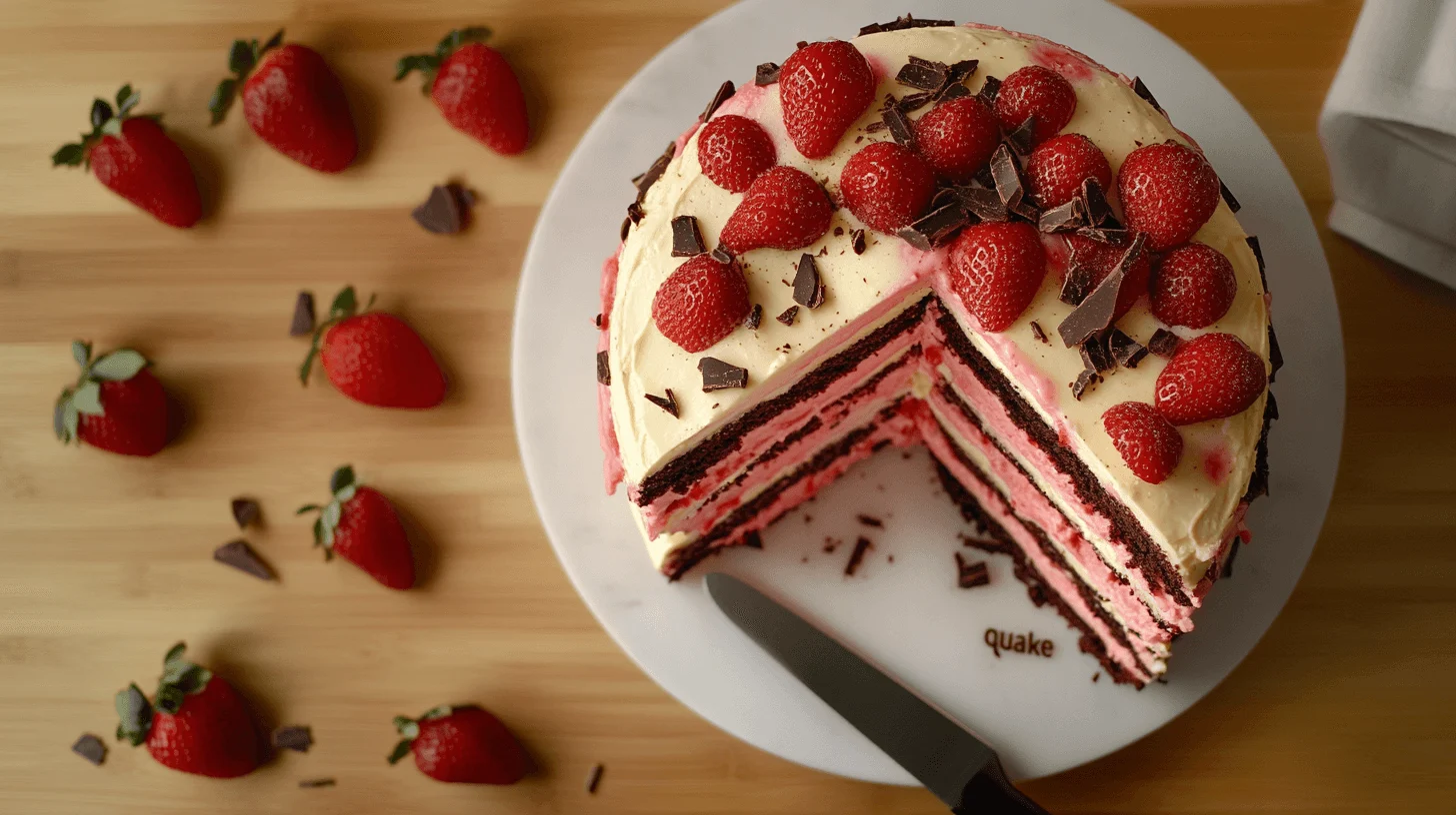A beautifully sliced strawberry earthquake cake with cascading layers of sponge, cream, and ganache.