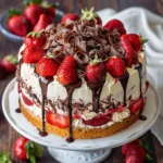 A beautifully presented strawberry earthquake cake with vibrant layers of sponge, creamy strawberry filling, and glossy chocolate ganache, served on a white platter with fresh strawberries and chocolate shavings.